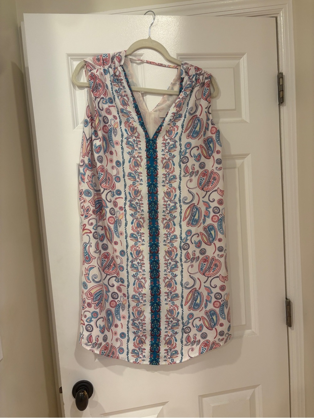 LOFT White Paisley Print Blouse with Teal and Coral Accents